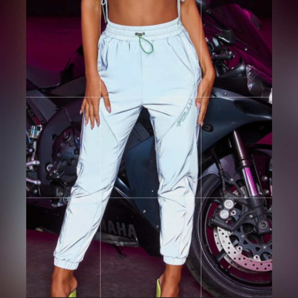 Oh Polly Silver Reflective Neon Green Drawstring High Waisted Jogger Pant Size 2